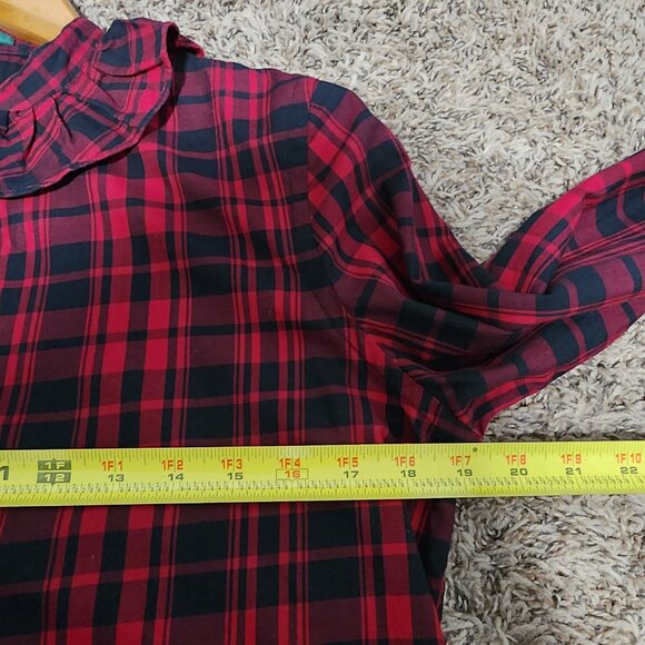 Ralph Lauren Buffalo Plaid Ruffle Shirt Top Button Long Sleeve M Red Holiday - Picture 8 of 9